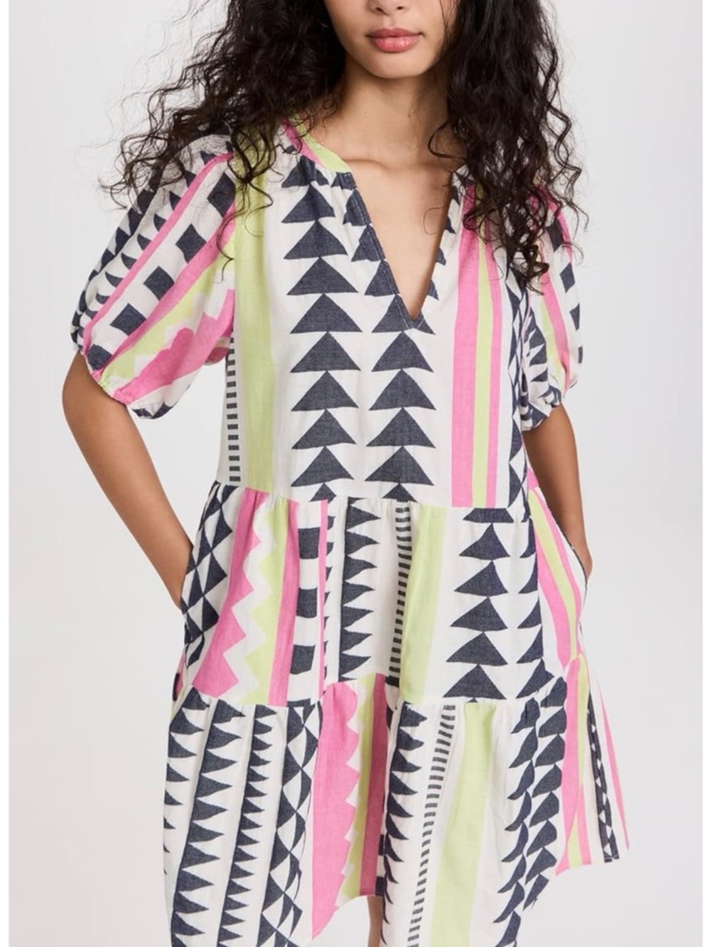 Velvet by Graham Geo-Print Tiered Mini Dress - Pink, Lime & Black. Size XS.
